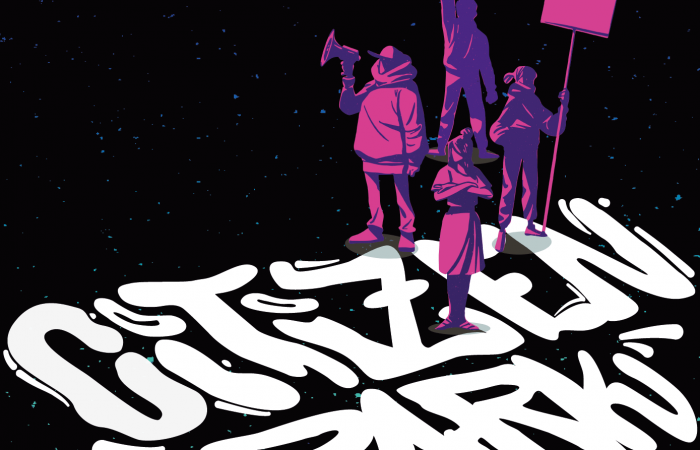 Citizenpark Eine Zeichnung: in weißer Schrift "Citizen Park" auf schwarzem Untergrund. Darauf stehend in lila vier protestierende Personen mit Plakaten und Megaphon.