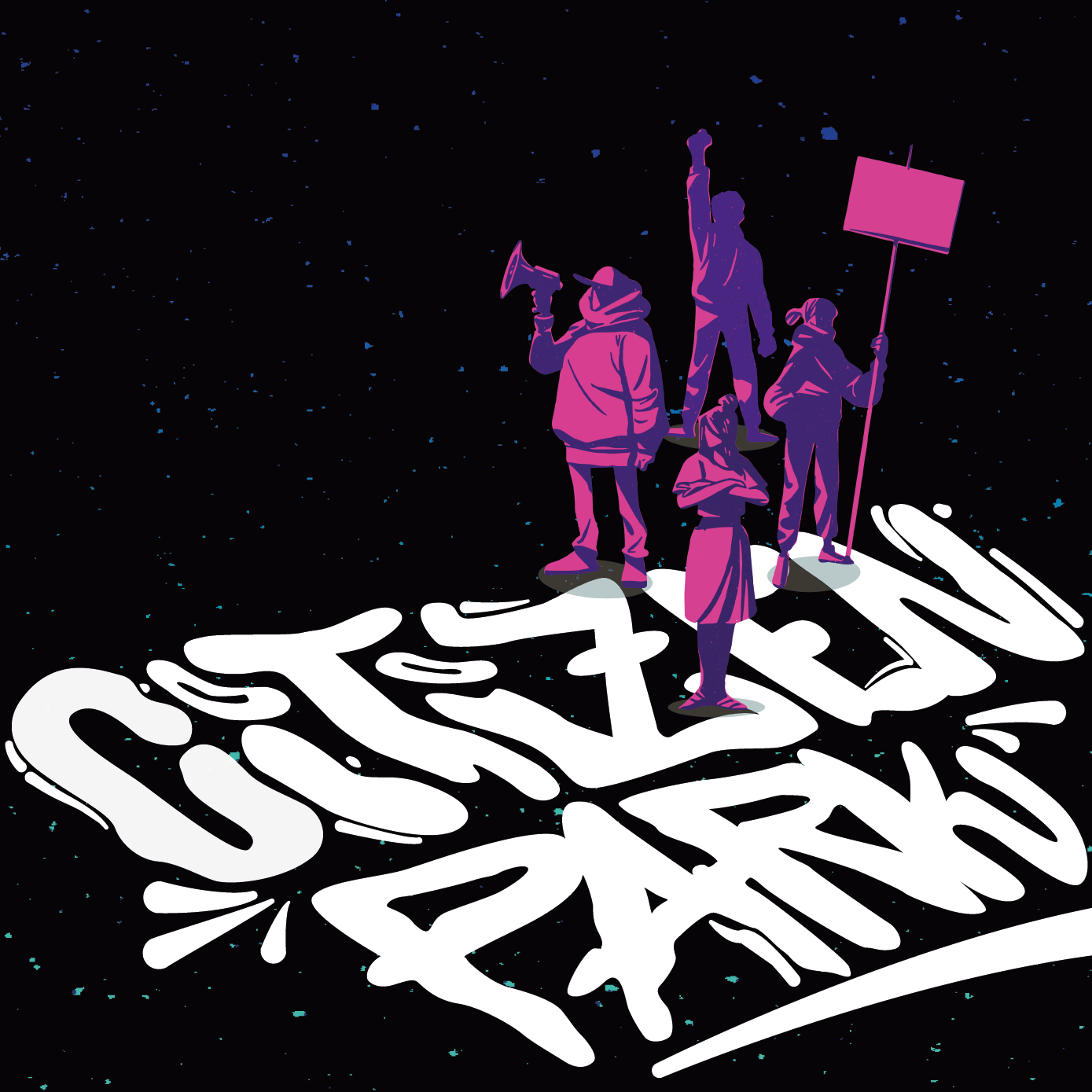 Eine Zeichnung: in weißer Schrift "Citizen Park" auf schwarzem Untergrund. Darauf stehend in lila vier protestierende Personen mit Plakaten und Megaphon.