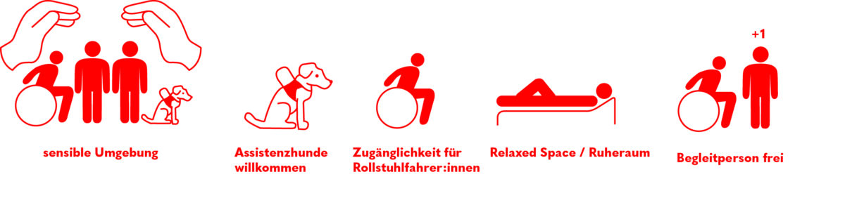 Piktogramme: Sensible Umgebung, Assistenzhunde willkommen, Zugänglichkeit für Rollstuhlfahrer, Relaxed space/Ruheraum, Begleitperson frei