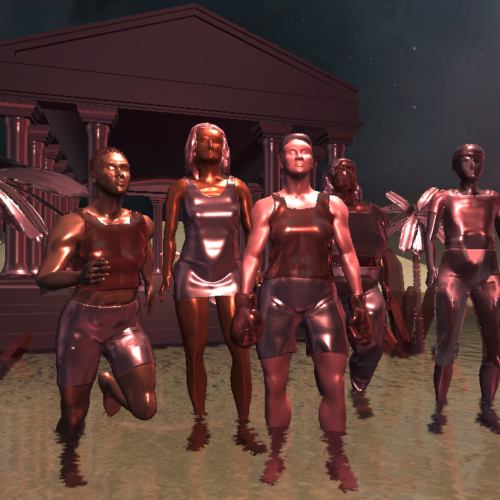 5 bronzefarbene Figuren stehen vor einer künstlichen Palme und einem Säulentempel, beides ebenfalls in Bronze. Die Füße im Wasser, hinten ist eine hügelige künstliche Landschaft angedeutet.