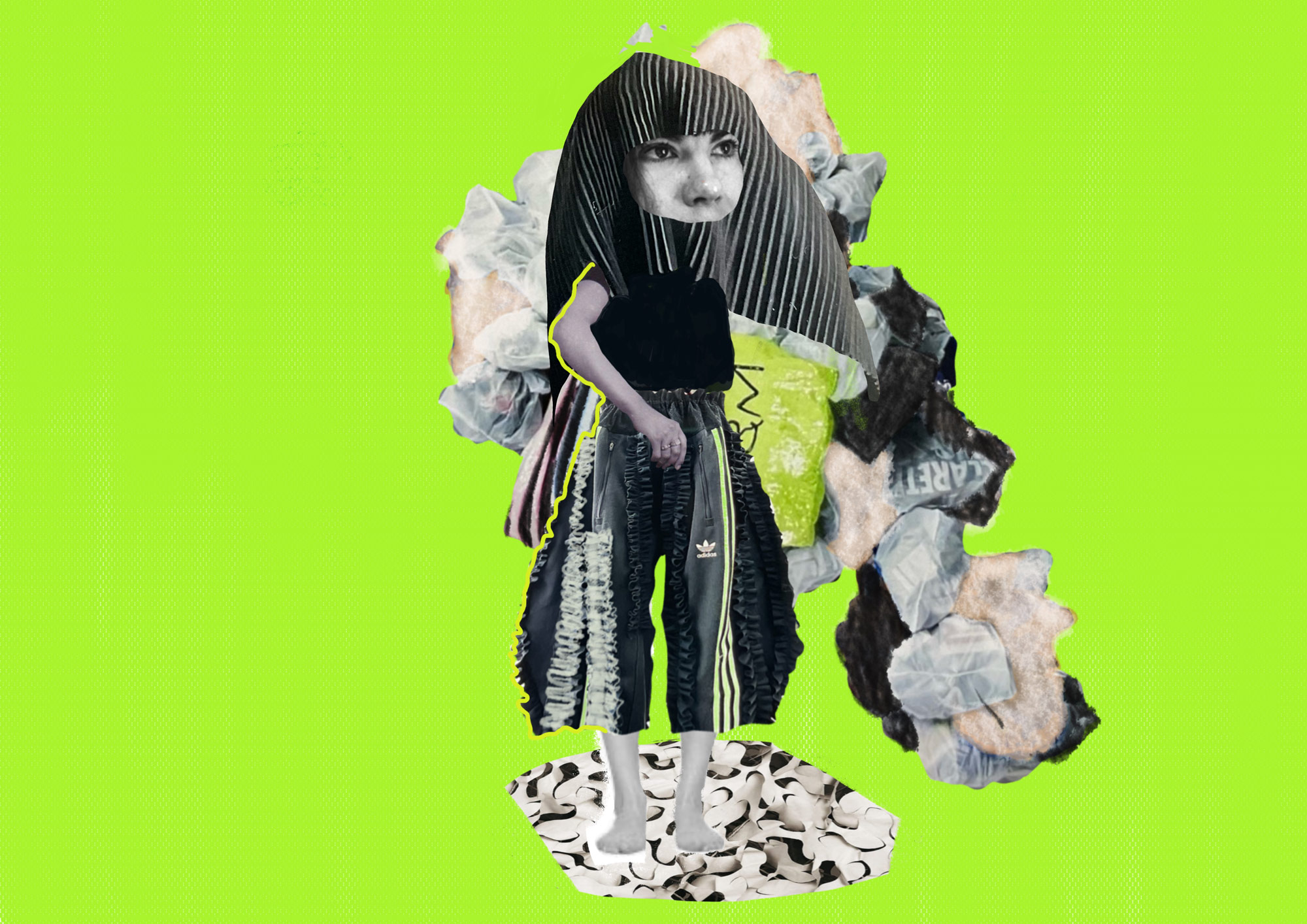 Fotocollage auf grell-grünem Hintergrund. Eine Frau in Trainingshose, die mit Rüschen verziert ist, Über dem Kopf ein Stoffschleier, nur Augen und Nase schauen heraus. Um sie herum viel Stoff und Tüll.